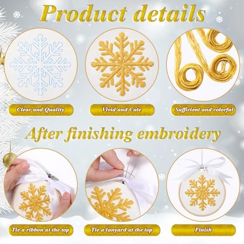 Roowest 6 Sets Christmas Embroidery Kits Snowflake Ornament DIY,Gold - Image 3