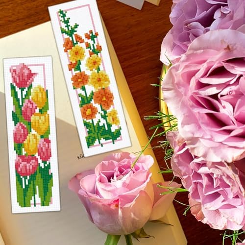 BEUNITONE 6 Set Floral Bookmark Cross Stitch Kits for Beginners with Instructions Floral Bookmarks Cross-Stitch Kit Stamped Embroidery Bookmark DIY Crafts Book Marker for Book Lovers 8''x2.4'' 11CT - Image 4