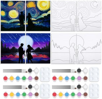 VOCHIC 4 Pack Sip and Paint Kit Pre Drawn Canvas Painting for Adults, Couples Date Night Games Painting Kit Valentine Christmas Room Decor Gift Party Supplies Favor(8x10) by VOCHIC