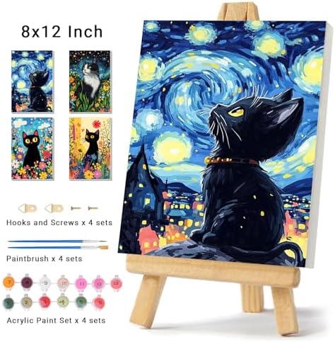 4 Pack Framed Paint by Numbers Kit for Adults Beginner Canvas Painting by Numbers for Adults Black Cat Easy Adult Paint by Number Kits with Frame Starry Night Watercolor Painting by Number 8x12 Inch - Image 2