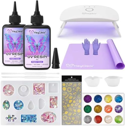 HeyClear UV Resin Kit 200g with UV Light, Molds and Casting Tools -Super Clear, Hard, Low Odor, Premixed and Fast Curing UV Glue for Coating, Jewelry Making, DIY Craft Decorations by HeyClearResin