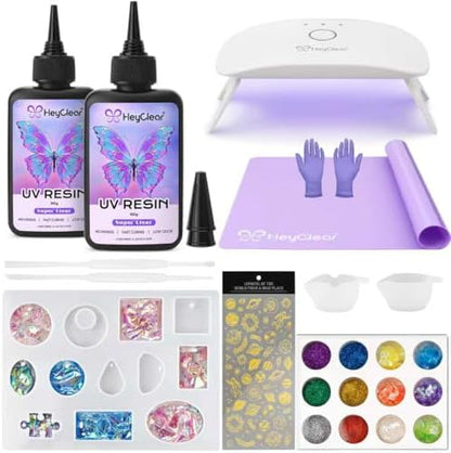 HeyClear UV Resin Kit 200g with UV Light, Molds and Casting Tools -Super Clear, Hard, Low Odor, Premixed and Fast Curing UV Glue for Coating, Jewelry Making, DIY Craft Decorations by HeyClearResin