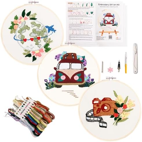 Looples Embroidery Kit for Beginners and Adults with Video Tutorials - Complete Embroidery Starter Kit with 3 Stamped Floral Patterns, Hoops, Threads, Needles, and Instructions (Car, Globe and Camera) by Unknown