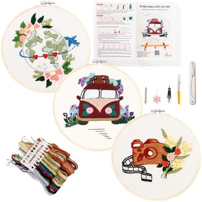 Looples Embroidery Kit for Beginners and Adults with Video Tutorials - Complete Embroidery Starter Kit with 3 Stamped Floral Patterns, Hoops, Threads, Needles, and Instructions (Car, Globe and Camera) by Unknown