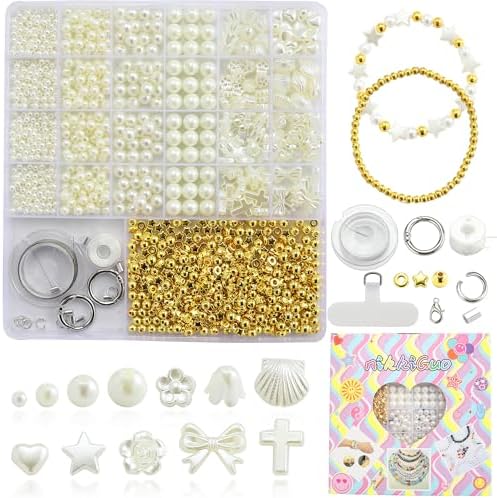 nikkiGuo 1300 Imitation Pearls, 4 Sizes of Round Pearls with Gold Beads, Various Shapes Set for Making Bracelets, Friendship Bracelets, Necklaces, Earrings DIY Decorative Beads by NikkiGuojewelry