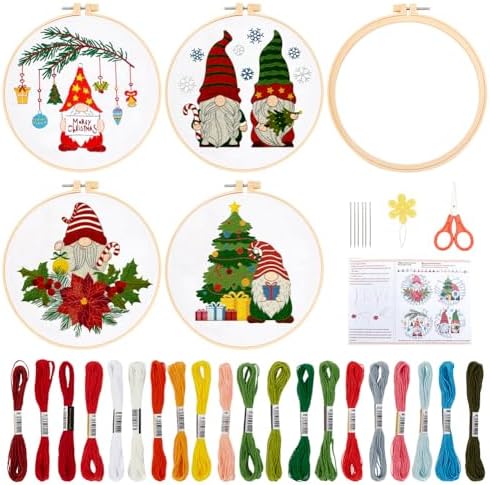BEUNITONE 4PCS Christmas Gnomes Embroidery Kit Xmas Tree Stamped Cross Stitch Kit Snowflake Mistletoe Needlepoint Kit for Adult Beginner with Instructions by BEUNITONE