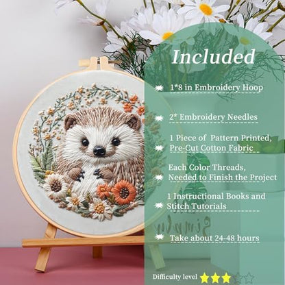 FONNUY Embroidery Kit for Beginners, Cute Hedgehog Stamped Embroidery Patterns Kits for Adults with Hoop, Easy to Follow Sewing Thread Needlework, 8'' Hoop (Tiny Ball) - Image 2