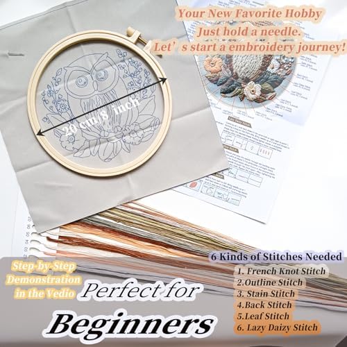 FONNUY Embroidery Kit for Beginners, Owl Flowers Pre-Stamped Pattern Kits for Adults with Hoop, Easy to Follow Color Thread Needlework, 8'' Hoop (Brown) - Image 5