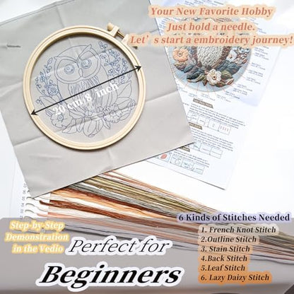 FONNUY Embroidery Kit for Beginners, Owl Flowers Pre-Stamped Pattern Kits for Adults with Hoop, Easy to Follow Color Thread Needlework, 8'' Hoop (Brown) - Image 5