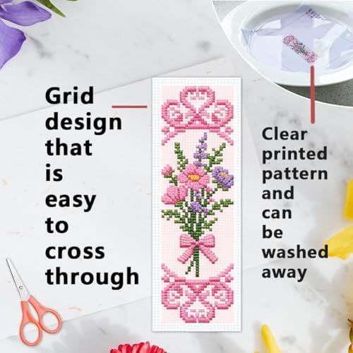 INFUNLY 6 Pcs Bouquet Stamped Cross Stitch Bookmark Kit with Tassels, Pre-Printed Water Soluble Grid for Adults Beginners, DIY Embroidery Set with Tools, Gift for Book Lovers - Image 4