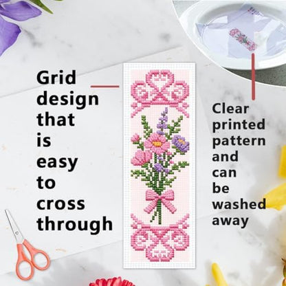 INFUNLY 6 Pcs Bouquet Stamped Cross Stitch Bookmark Kit with Tassels, Pre-Printed Water Soluble Grid for Adults Beginners, DIY Embroidery Set with Tools, Gift for Book Lovers - Image 4