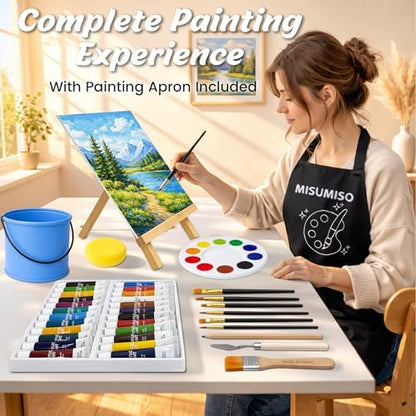 MISUMISO Acrylic Paint Set for Beginners - 24 Colors Painting Kit with Canvas Panels, Easel, 10 Brushes, Apron, Palette & Accessories - Art Kit Painting Supplies for Adults Kids Teens, Gift Set - Image 2
