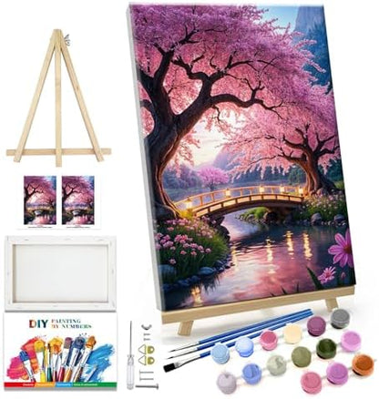 JOOZ Paint by Numbers Kit for Adults with Frame Sakura Paint by Number with Easel Tree Adult Paint by Number Kits Framed Canvas Mountain Waterfall Oil Painting Kits for Gift Home Wall Decor 8x12 Inch by Jooz