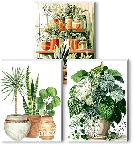 Jiqinsiye 3 Pcs DIY Plant Paint by Numbers for Adults,Wooden Framed Painting by Number Kits on Canvas,Acrylic Color by Numbers for Adult Beginner,Gifts Decor for Home Wall Room (Green Plant) by Unknown