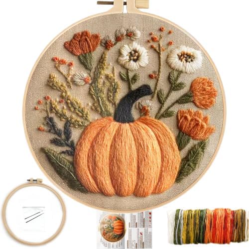 FONNUY Pumpkin Embroidery Kit for Beginners, Pre-Stamped Pattern Kits for Adults with Hoop, Easy to Follow Color Thread Needlework, 8'' Hoop (Flowers) by FONNUY