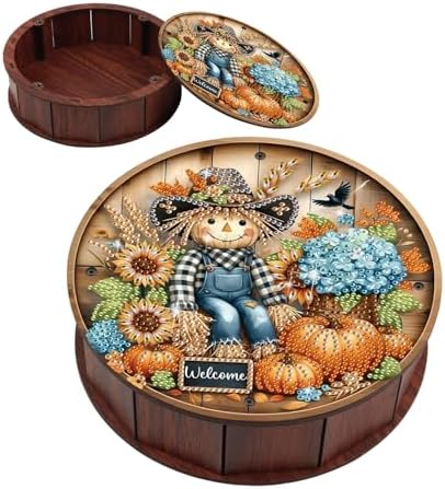 antor Scarecrow Diamond Painting Storage Box, Fall Harvest DIY 5D Rhinestone Art Wooden Organizer for Snacks, Jewelry, or Trinkets, Autumn Home & Desktop Decor Gift by antor