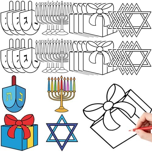 48 Pcs Rosh Hashana Crafts Color Your Own DIY Paper Star of David Menorah Dreidel Color Drawing DIY Craft Gift for Men Women Holiday Hanukkah Painting Activities Party Favor Supplies by Moinchore