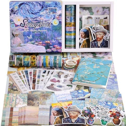 Scrapbooking Supplies Kit, Monet Van Gogh Oil Painting Theme Scrapbook Kit for Bullet Junk Journal, 12 Rolls Washi Tape, Stickers Papers for DIY Journaling Supplies, Craft Gift for Women Teenage by emmoolife