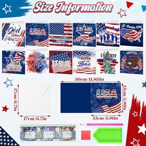 Saillong 12 Pack 4th of July Diamond Painting Greeting Card Kits Patriotic Diamond Art Cards with Envelopes Independence Day Red White Blue 5D Rhinestones Painting Making Kits for Adult DIY Craft Gift - Image 4