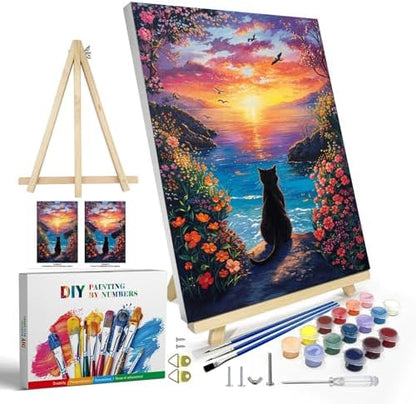 JOOZ Paint by Numbers Kit for Adults with Frame, Black Cat Paint by Number with Easel, DIY Seaside Sunset Flowers Paint by Numbers Landscape for Home Wall Decor 8 x 12 Inch by Jooz