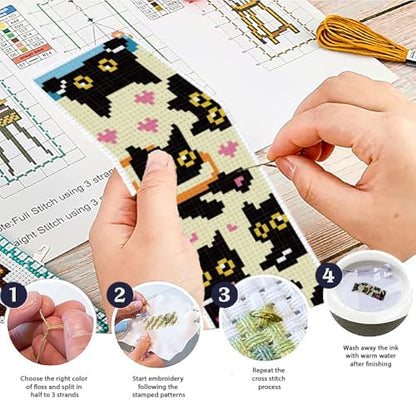 ACRNIGHEET 6PCS Cross Stitch Bookmark Kit for Beginner Stamped Cross Stitch Kits for Adults Naughty Black Cat DIY Tassel Embroidery Bookmark Kits Needlepoint Kit with Instructions Gift 8.5''x3'' 11CT - Image 4