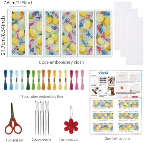ORIGACH 6 Set Fresh Lemon & Feather Cross Stitch Bookmark Kit for Beginner - Image 2