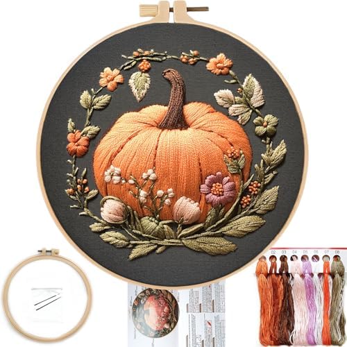 FONNUY Pumpkin Embroidery Kit for Beginners, Pre-Stamped Pattern Kits for Adults with Hoop, Easy to Follow Color Thread Needlework, 8'' Hoop (Orange) by FONNUY