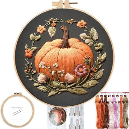 FONNUY Pumpkin Embroidery Kit for Beginners, Pre-Stamped Pattern Kits for Adults with Hoop, Easy to Follow Color Thread Needlework, 8'' Hoop (Orange) by FONNUY