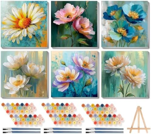 Canrichshop 6 Pack Paint by Numbers Kit for Adults,Framed Adults' Paint-by-Number Kits with Wooden Easel, DIY Flowers Acrylic Oil Painting Number Kits for Wall Decor 8x8 inch by Canrichshop