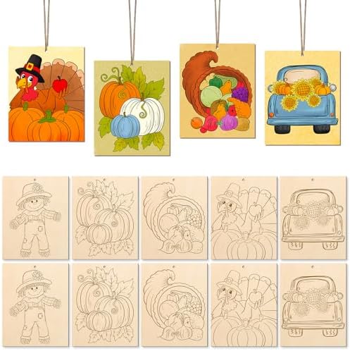 COCHIE 10PCS Large Thanksgiving Unfinished Wood Crafts to Paint for Adults, Bulk Predrilled Wooden Ornaments for Painting, Pumpkin Scarecrow Paintable Wood Slices Craft Supplies with Ropes by COCHIE