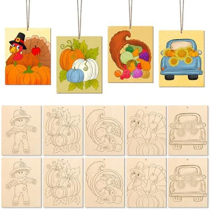 COCHIE 10PCS Large Thanksgiving Unfinished Wood Crafts to Paint for Adults, Bulk Predrilled Wooden Ornaments for Painting, Pumpkin Scarecrow Paintable Wood Slices Craft Supplies with Ropes by COCHIE