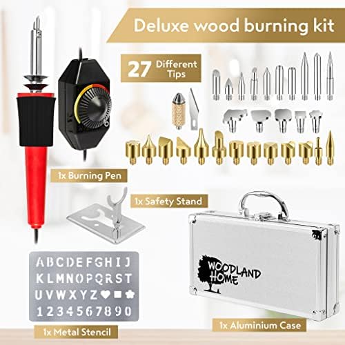 Professional Wood Burning Kit with Letters - Pyrography Pen Fully Adjustable Temperature With safety Stand - 27 Tips with Cutting Blade, Stencils and Deluxe Case - Image 2