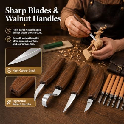 26Pcs Deluxe Wood Carving Kit, Whittling Knife Set with Leather Storage Case, Basswood Blocks & Safety Gloves, Woodworking Tools for Beginners Adults Kids, DIY Craft Gift for Men Teens - Image 3