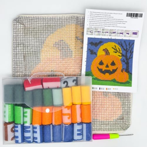 Howie's Latch Hook Kit, DIY Helloween Pumpkin Pillow Crochet Yarn Kits for Adults, Color Preprinted Pattern Embroidery Sofa Cushion Cover (Helloween Pumpkin, 16.93 x 16.93 inch) - Image 2