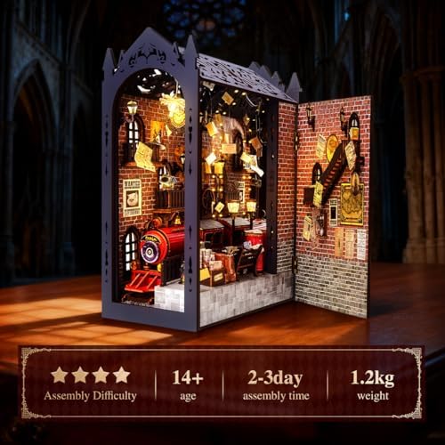 DIY Retro Train Station Book Nook Kit, 3D Wooden Miniature Dollhouse Puzzle Bookend with LED Light, Beginner-Friendly for Adults, Book Lovers & Collectors, Bookshelf Decor & Ideal Gift - Image 3