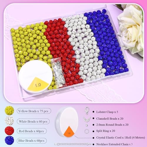 Dowarm 255PCS 10mm Rhinestone Beads for Baseball Necklace Bracelet Jewelry Making, Round Rhinestone Clay Beads for Craft Beaded Pen, Shamballa Pave Diamond, Yellow|Red|Blue|White - Image 2