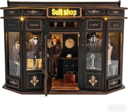 Book Nook Kit LED Wooden Miniature Suit Shop, 3D DIY Dollhouse Assembly Model with Crafted Interior, Creative Hobby Building Set for Adults by Gosikee