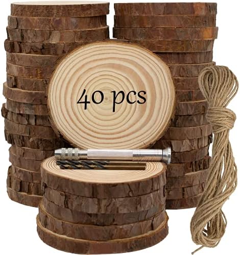Natural Wood Slices for Crafts, 40 Pcs Unfinished Pine Wood Circles by KXEXK
