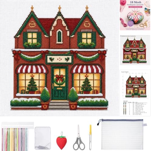 XunYee 22 Pcs Christmas Village House 18 Mesh Needlepoint Canvas Kit by XunYee