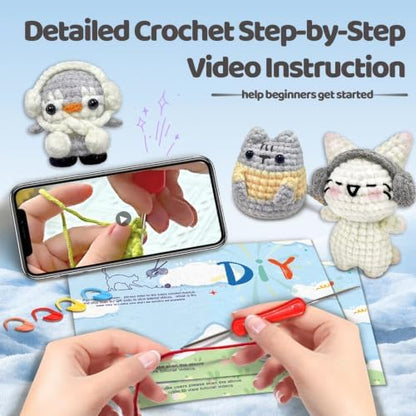 YAMAXIN Animal Crochet Kit for Beginners-3 Pack Rabbit Cat Penguin Easy Learn to Starter Amigurumi Knitting Kit and Yarn Craft Kits for Adults DIY with Step-by-Step Video Tutorials - Image 5