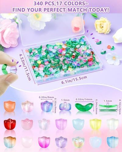 FIVEIZERO Flower Charms, 340PCS Glass Tulip Flower Beads, 17 Colors - Image 2