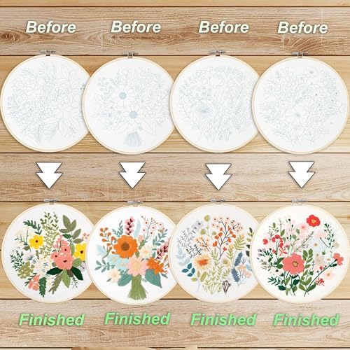 SevFan 4 Sets Embroidery Kit for Beginners Adults,Needlepoint Kits for Adults with Easy Stamped Floral Pattern Fabric Hand Crafts,Bamboo Hoop,Needle,Cloth,Embroidery Kit for Decor Home Room(Flower-8) - Image 3