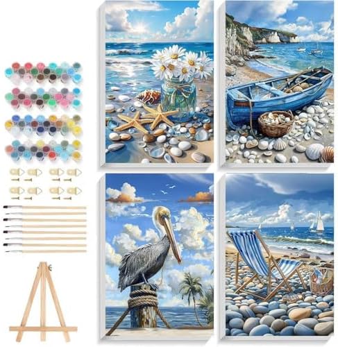 ICYANART 4 Pack Beach Paint by Numbers Kit for Adult Beach with Frame Easel by Unknown