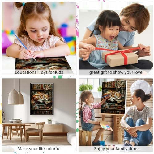 EOBROMD Framed Paint by Numbers Kits for Adults with Wooden Easel, Cat Bookshelf DIY Acrylic Paint by Number on Stretched Canvas, Painting Kits Adults Oil by Numbers for Home Decor 10x14 Inch - Image 4