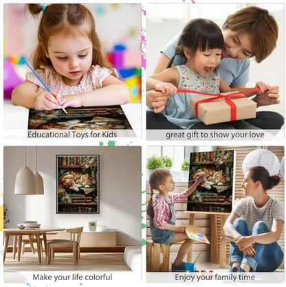 EOBROMD Framed Paint by Numbers Kits for Adults with Wooden Easel, Cat Bookshelf DIY Acrylic Paint by Number on Stretched Canvas, Painting Kits Adults Oil by Numbers for Home Decor 10x14 Inch - Image 4