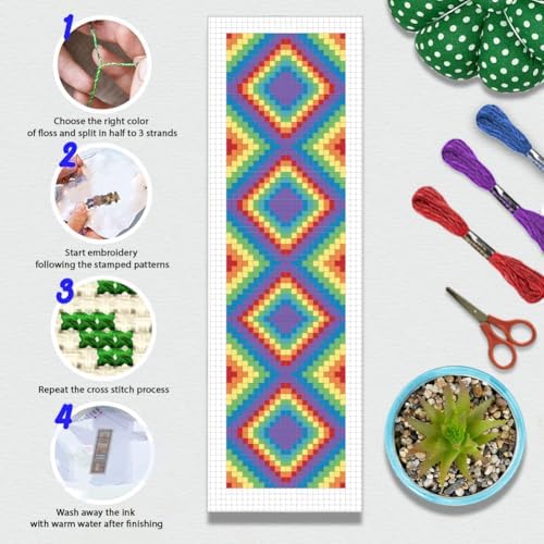BEUNITONE Cross Stitch Bookmark Kit 6 Pcs Rainbow DIY Bookmarks Cross Stitch Kits for Adults Beginners Love Heart Pre-Sorted Floss Cross-Stitch Stamped Embroidery Kit with Instruction 8''x2.4'' - Image 4