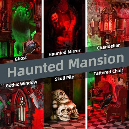 fifijoy Haunted Horror Book Nook Kit, DIY Miniature Dollhouse Halloween Booknook Kit, Spooky Creepy Scary 3D Wooden Puzzle Bookend Bookshelf Insert Decor with LED Light (Haunted Mansion) - Image 3