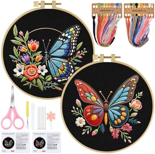 ERKOON Embroidery Kit for Beginners, 2 Set Flower Cross Stitch Set Include Embroidery Cloth Hoops Threads for Craft Lover Hand Stitch with Embroidery Skill Techniques (Butterfly) by ERKOON