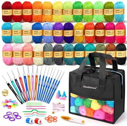 90Pcs Crochet Kit for Beginners, 1575 Yards 36 Colors Yarn for Crochet, 54Pcs Crochets Accessories Set including Ergonomic Hooks for DIY Amigurumi, Scarves, Granny Squares, Gift for Christmas, Black by DoubleCare
