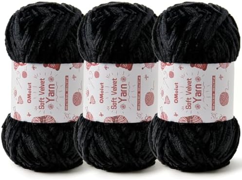 3x100g Fluffy Velvet Chenille Yarn for Crocheting and Knitting, 3x87.4yd Baby Yarn for Crocheting Soft, Crochet Chunky Yarn Amigurumi Yarns (Black) by OMoiut